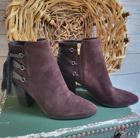 Marc Fisher Kadey Chocolate Brown  Suede Fringe Ankle Boots - Picture 1 of 7
